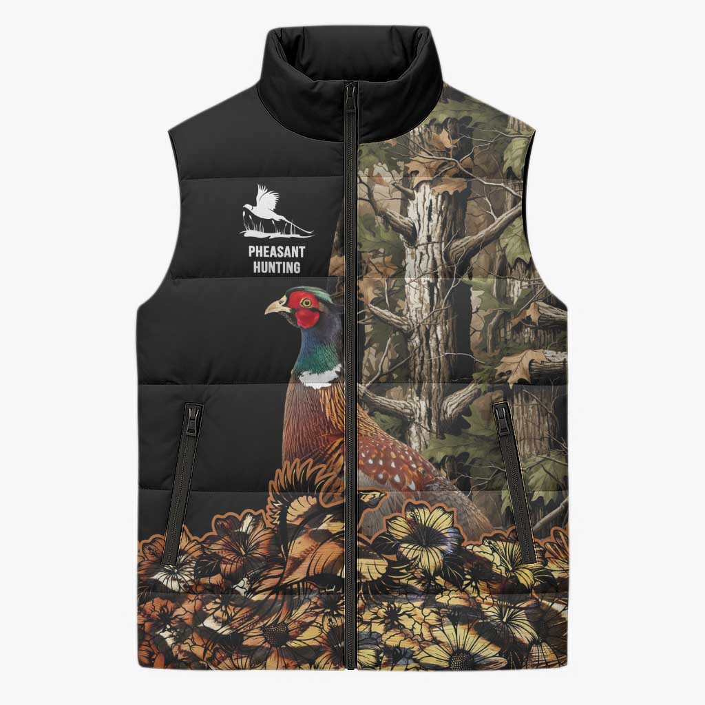 Custom Pheasant Hunting Sleeveless Puffer Jacket with Woodland Forest Scene and Autumn Foliage Pattern - Wonder Print Shop
