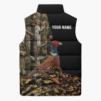 Custom Pheasant Hunting Sleeveless Puffer Jacket with Woodland Forest Scene and Autumn Foliage Pattern - Wonder Print Shop