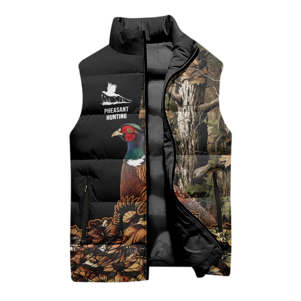 Custom Pheasant Hunting Sleeveless Puffer Jacket with Woodland Forest Scene and Autumn Foliage Pattern - Wonder Print Shop