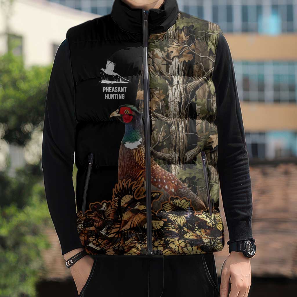 Custom Pheasant Hunting Sleeveless Puffer Jacket with Woodland Forest Scene and Autumn Foliage Pattern - Wonder Print Shop