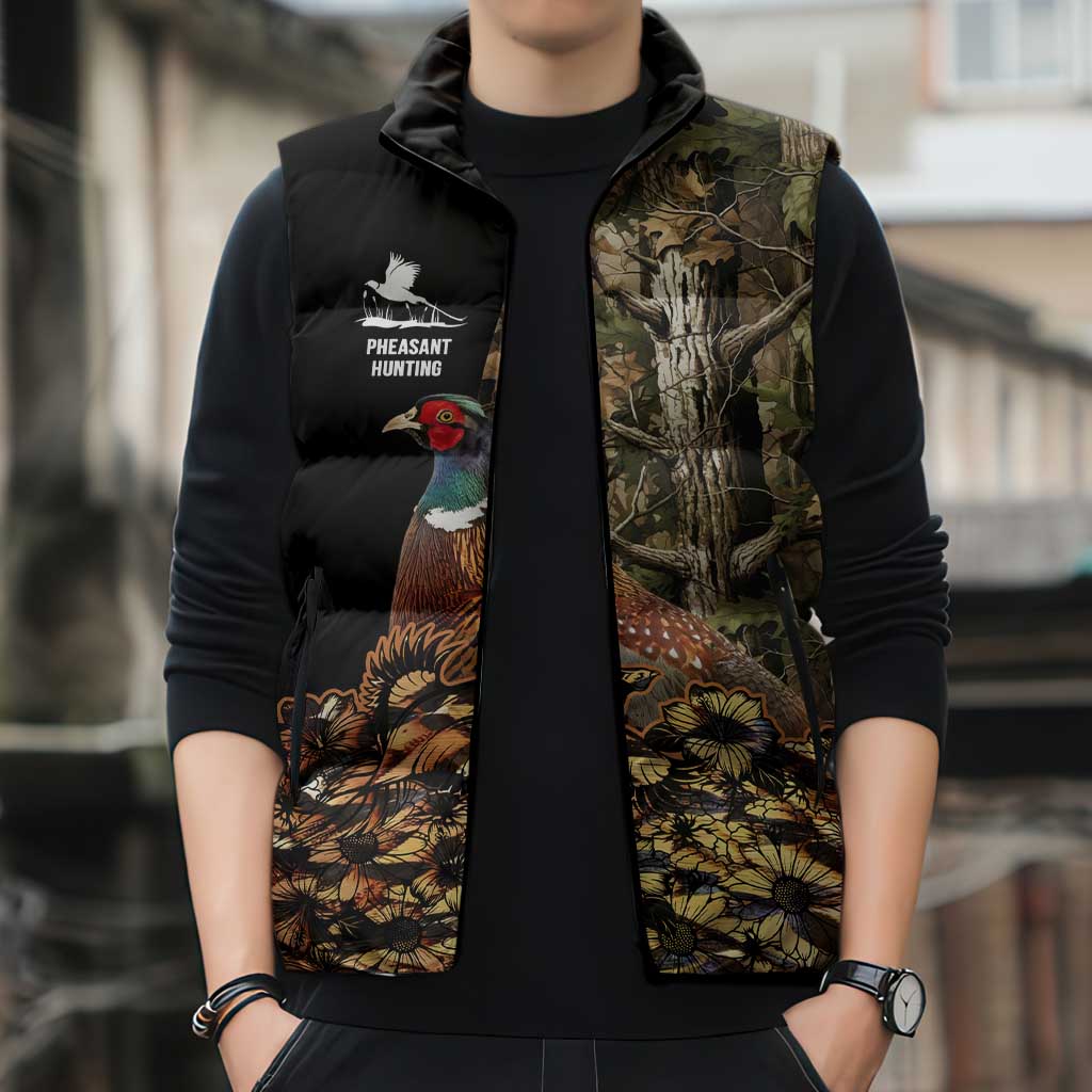 Custom Pheasant Hunting Sleeveless Puffer Jacket with Woodland Forest Scene and Autumn Foliage Pattern - Wonder Print Shop