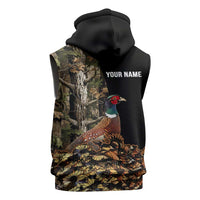 Custom Pheasant Hunting Sleeveless Zip Hoodie with Woodland Forest Scene and Autumn Foliage Pattern - Wonder Print Shop