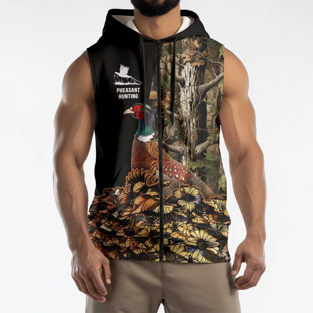 Custom Pheasant Hunting Sleeveless Zip Hoodie with Woodland Forest Scene and Autumn Foliage Pattern - Wonder Print Shop