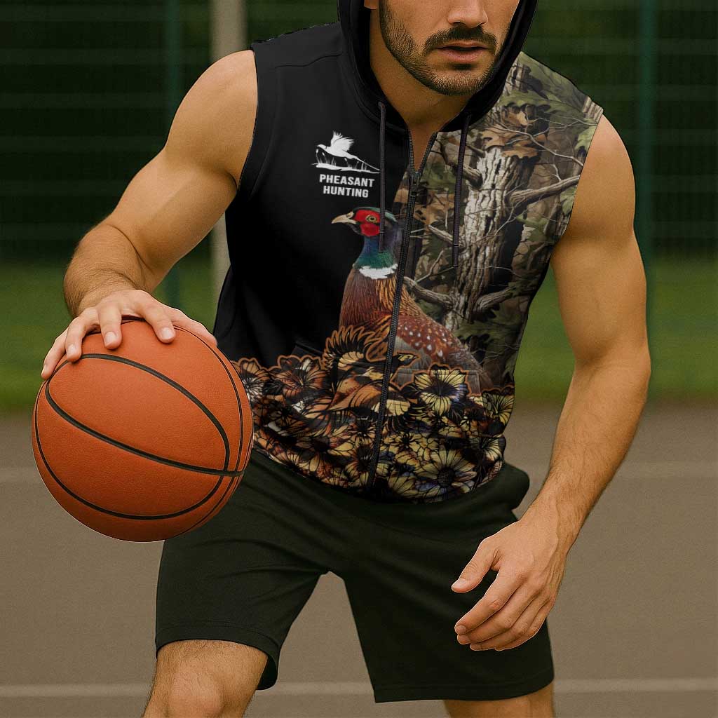 Custom Pheasant Hunting Sleeveless Zip Hoodie with Woodland Forest Scene and Autumn Foliage Pattern - Wonder Print Shop