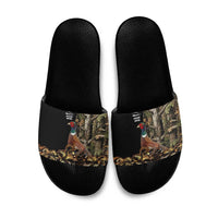 Pheasant Hunting Slide Sandals with Woodland Forest Scene and Autumn Foliage Pattern - Wonder Print Shop