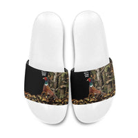 Pheasant Hunting Slide Sandals with Woodland Forest Scene and Autumn Foliage Pattern - Wonder Print Shop
