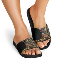 Pheasant Hunting Slide Sandals with Woodland Forest Scene and Autumn Foliage Pattern - Wonder Print Shop