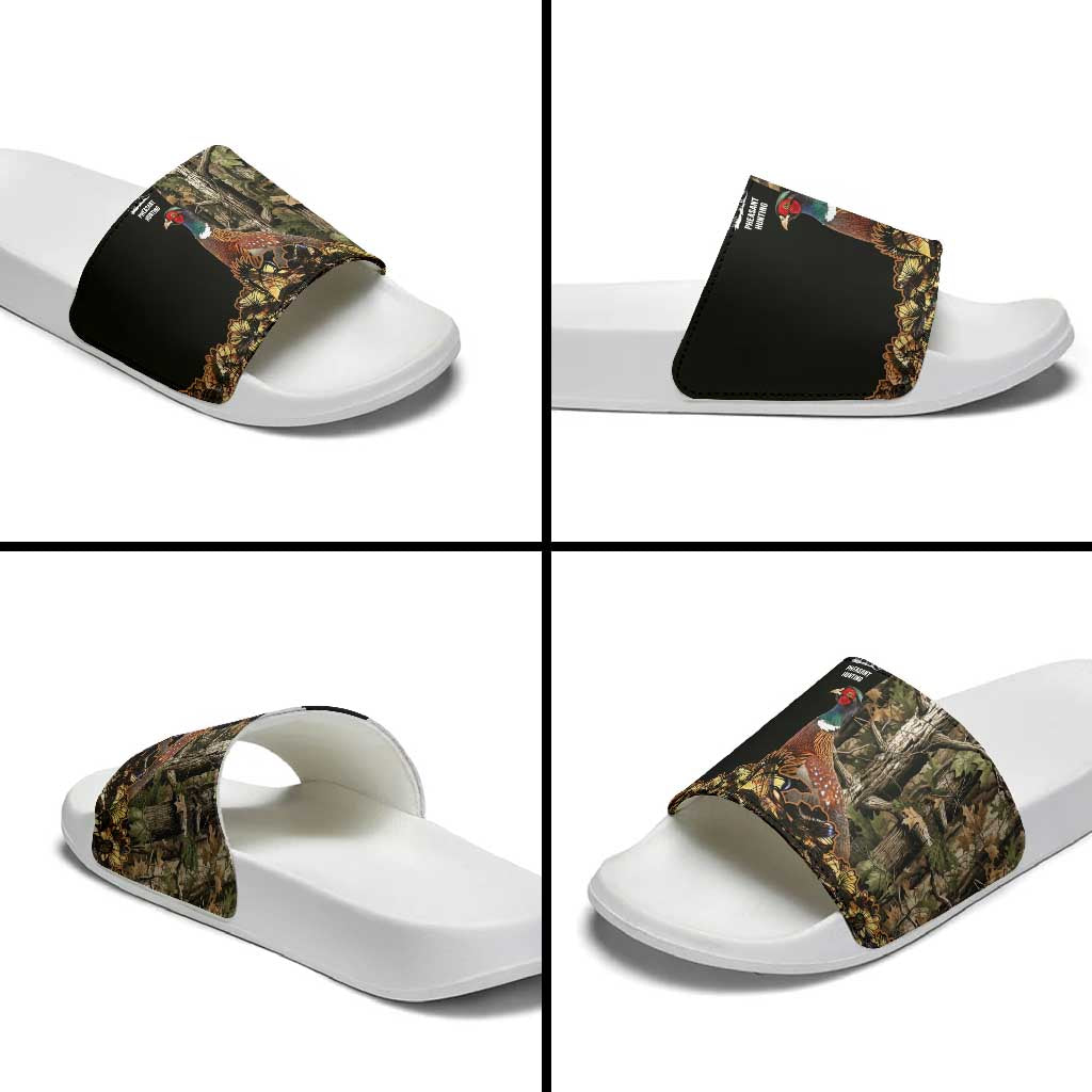 Pheasant Hunting Slide Sandals with Woodland Forest Scene and Autumn Foliage Pattern - Wonder Print Shop