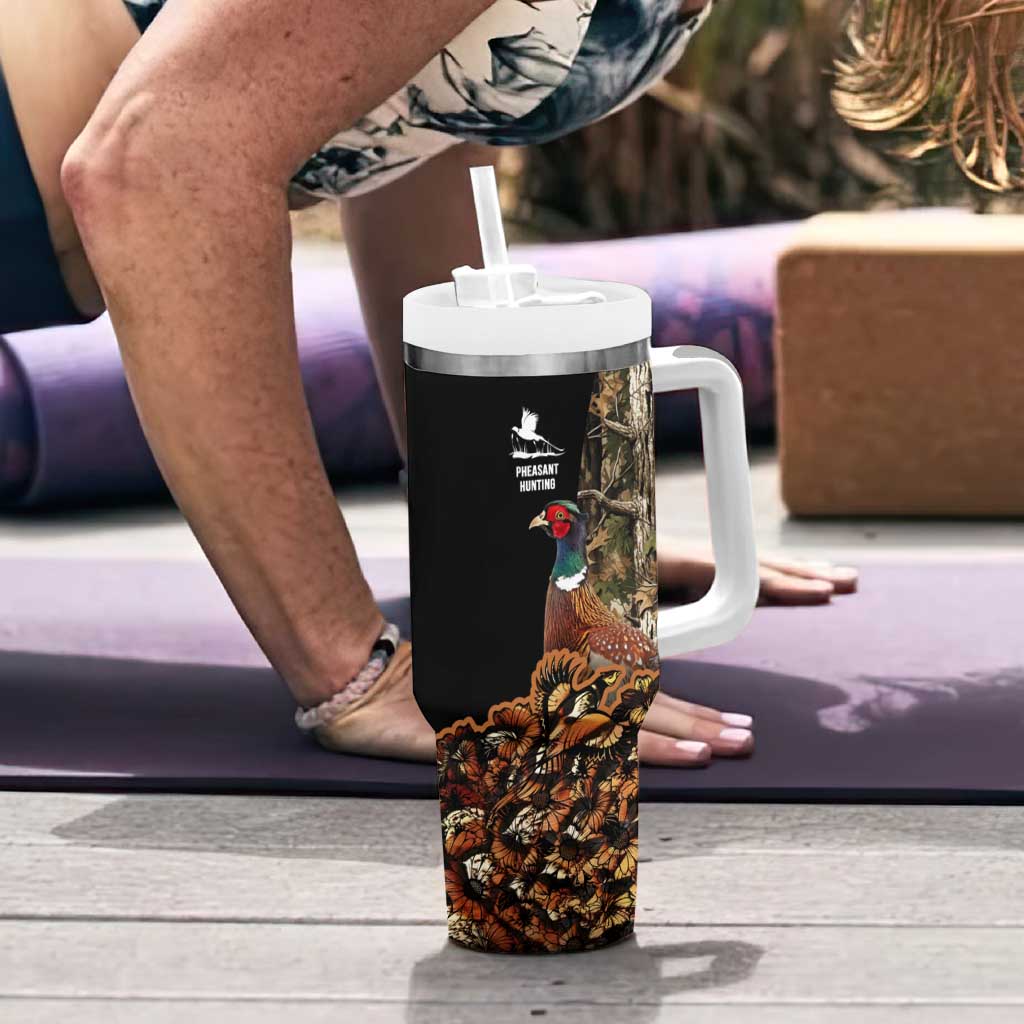 Custom Pheasant Hunting Tumbler With Handle with Woodland Forest Scene and Autumn Foliage Pattern - Wonder Print Shop