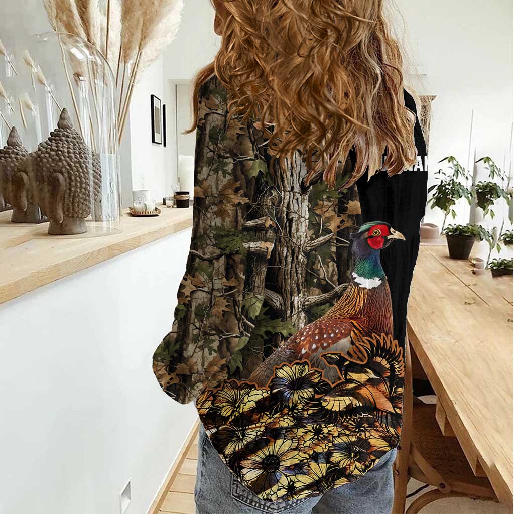 Custom Pheasant Hunting Women Casual Shirt with Woodland Forest Scene and Autumn Foliage Pattern - Wonder Print Shop
