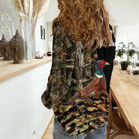 Custom Pheasant Hunting Women Casual Shirt with Woodland Forest Scene and Autumn Foliage Pattern - Wonder Print Shop