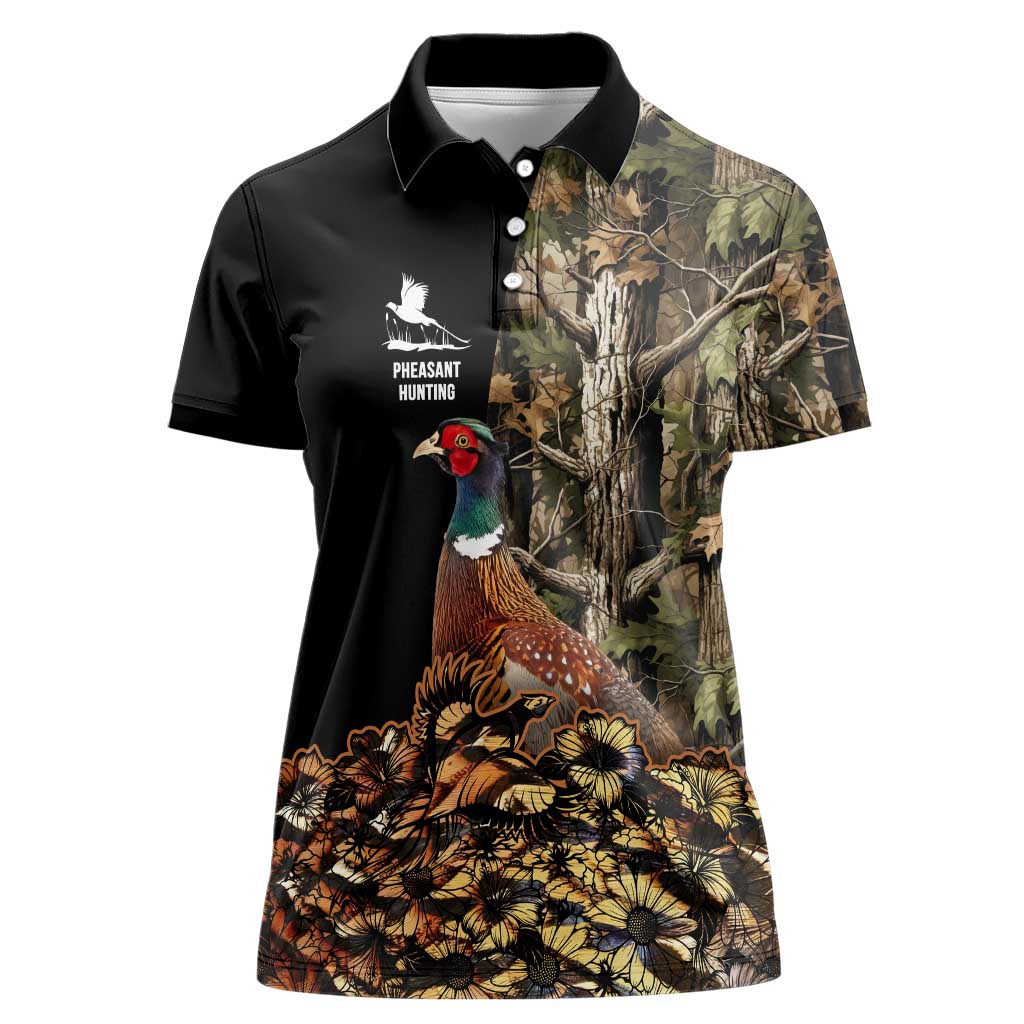 Custom Pheasant Hunting Women Polo Shirt with Woodland Forest Scene and Autumn Foliage Pattern - Wonder Print Shop