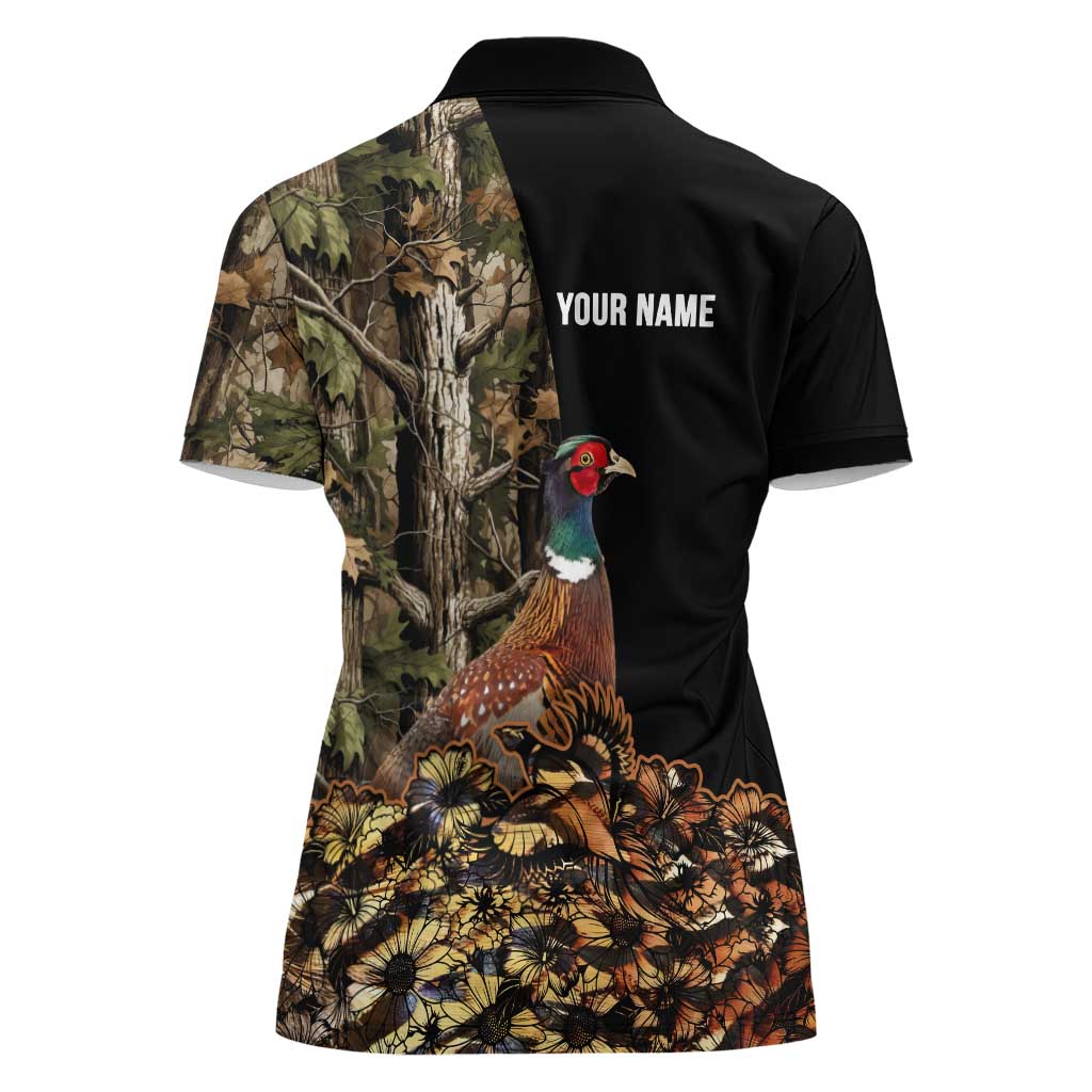 Custom Pheasant Hunting Women Polo Shirt with Woodland Forest Scene and Autumn Foliage Pattern - Wonder Print Shop