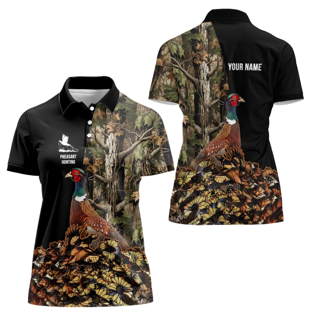 Custom Pheasant Hunting Women Polo Shirt with Woodland Forest Scene and Autumn Foliage Pattern - Wonder Print Shop