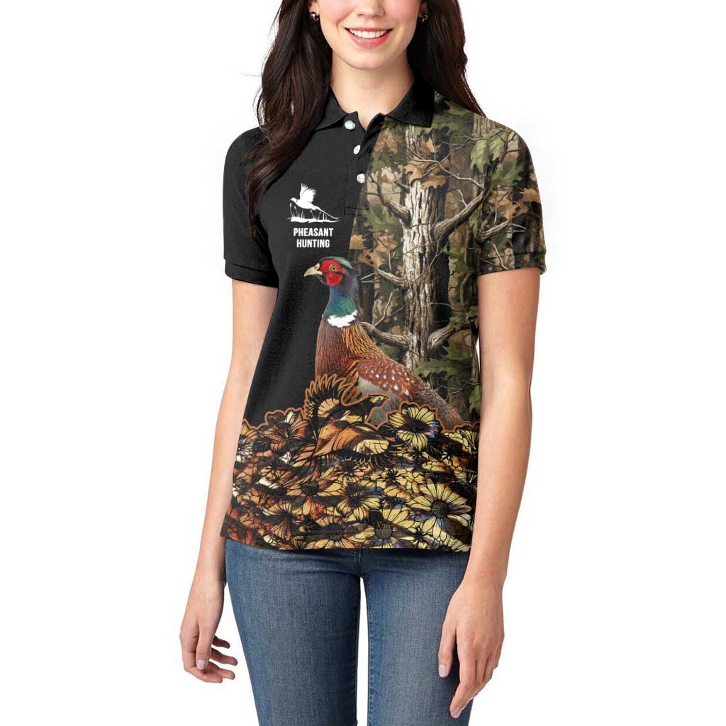 Custom Pheasant Hunting Women Polo Shirt with Woodland Forest Scene and Autumn Foliage Pattern - Wonder Print Shop