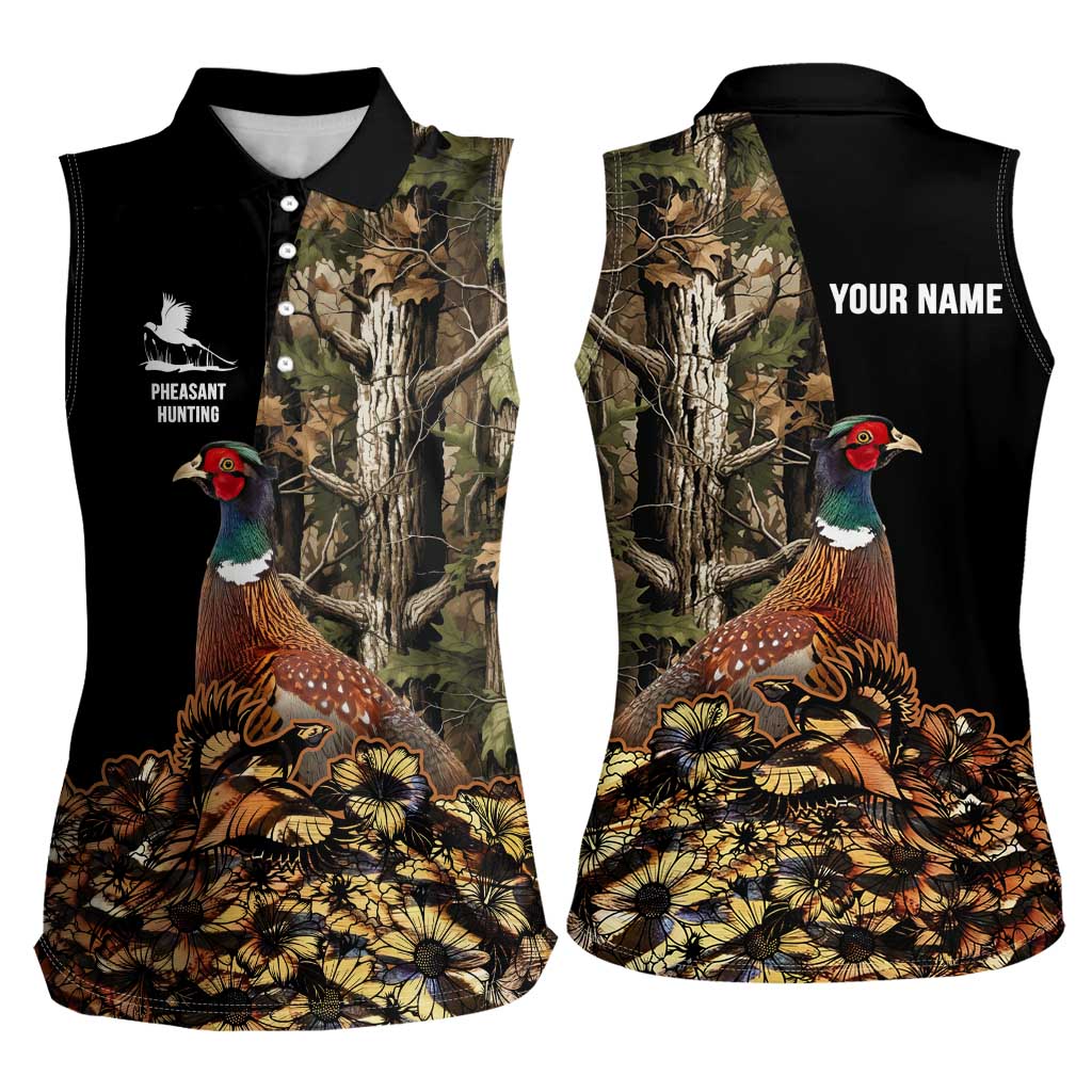 Custom Pheasant Hunting Women Sleeveless Polo Shirt with Woodland Forest Scene and Autumn Foliage Pattern - Wonder Print Shop
