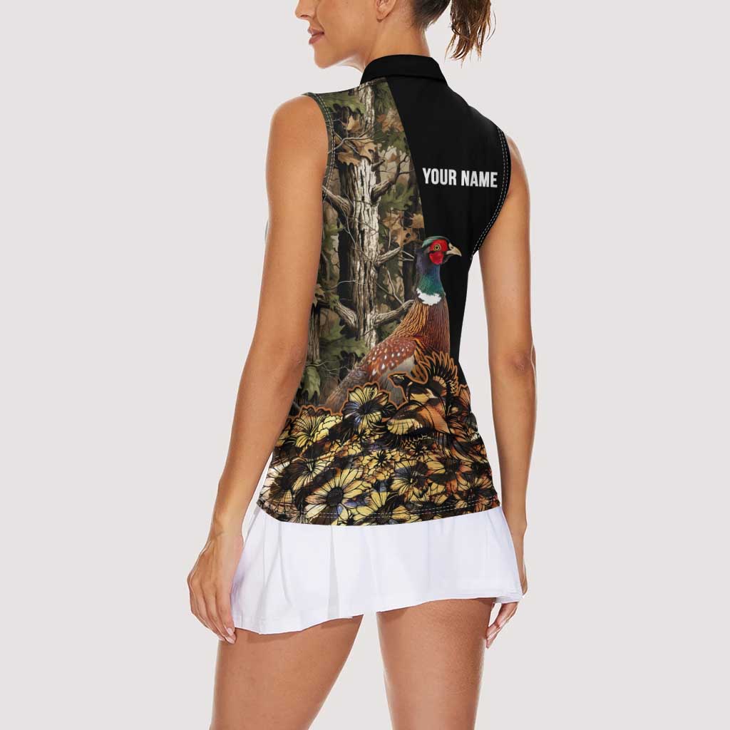 Custom Pheasant Hunting Women Sleeveless Polo Shirt with Woodland Forest Scene and Autumn Foliage Pattern - Wonder Print Shop