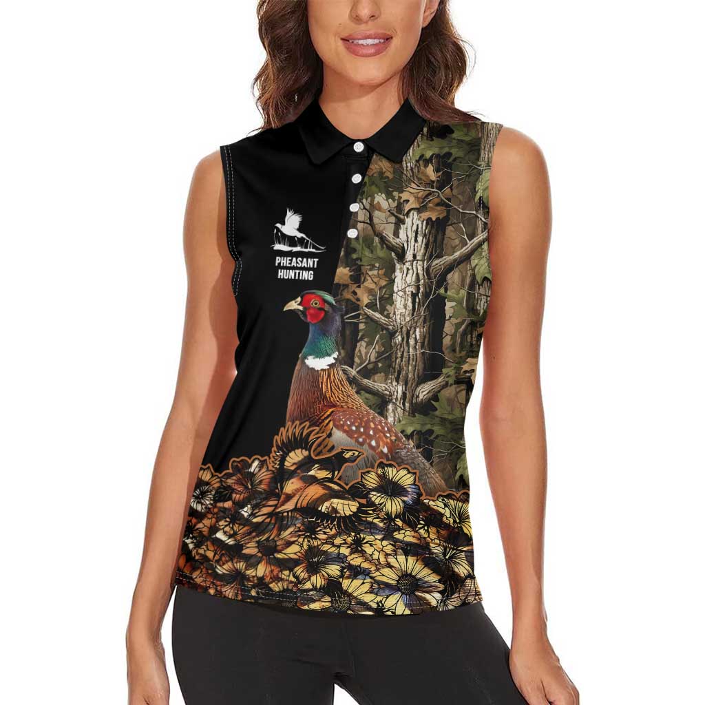 Custom Pheasant Hunting Women Sleeveless Polo Shirt with Woodland Forest Scene and Autumn Foliage Pattern - Wonder Print Shop