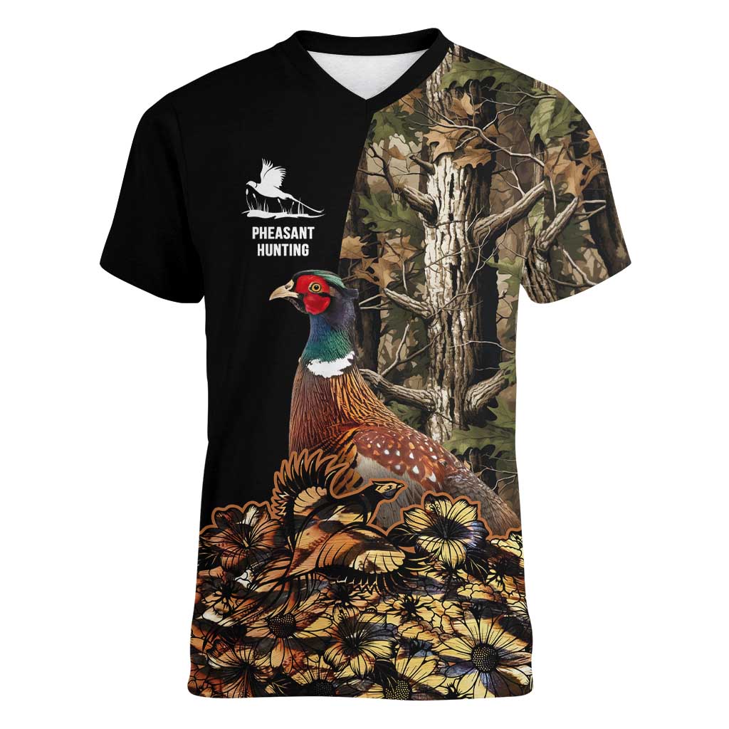 Custom Pheasant Hunting Women V-Neck T-Shirt with Woodland Forest Scene and Autumn Foliage Pattern - Wonder Print Shop
