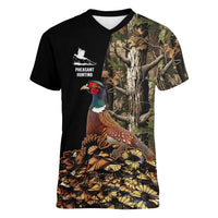 Custom Pheasant Hunting Women V-Neck T-Shirt with Woodland Forest Scene and Autumn Foliage Pattern - Wonder Print Shop