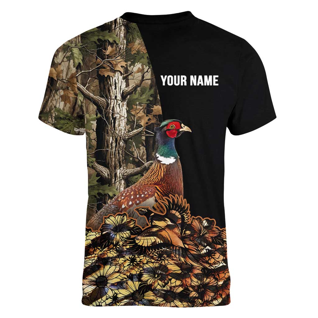 Custom Pheasant Hunting Women V-Neck T-Shirt with Woodland Forest Scene and Autumn Foliage Pattern - Wonder Print Shop