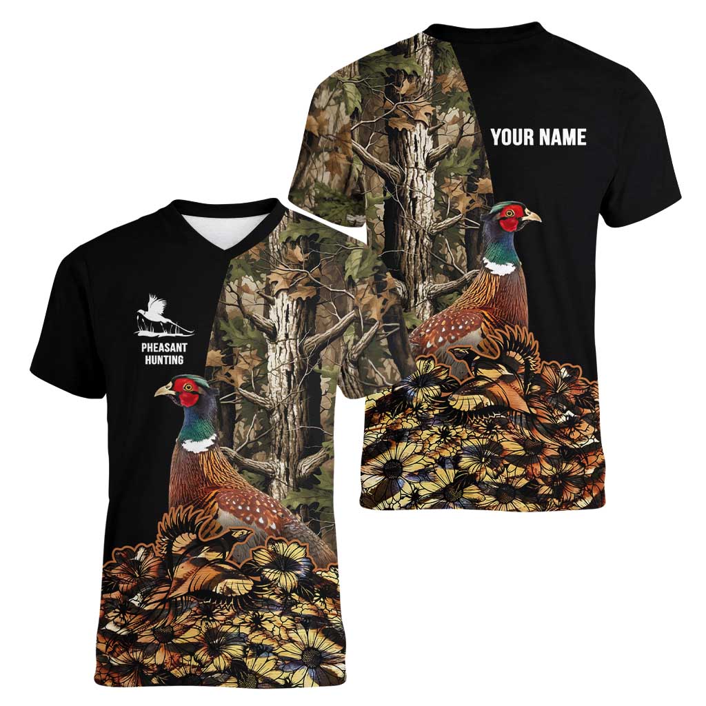 Custom Pheasant Hunting Women V-Neck T-Shirt with Woodland Forest Scene and Autumn Foliage Pattern - Wonder Print Shop