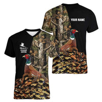 Custom Pheasant Hunting Women V-Neck T-Shirt with Woodland Forest Scene and Autumn Foliage Pattern - Wonder Print Shop