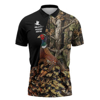 Custom Pheasant Hunting Zipper Polo Shirt with Woodland Forest Scene and Autumn Foliage Pattern - Wonder Print Shop