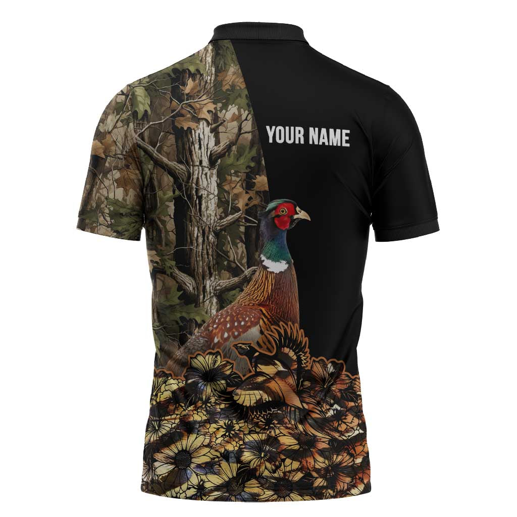 Custom Pheasant Hunting Zipper Polo Shirt with Woodland Forest Scene and Autumn Foliage Pattern - Wonder Print Shop
