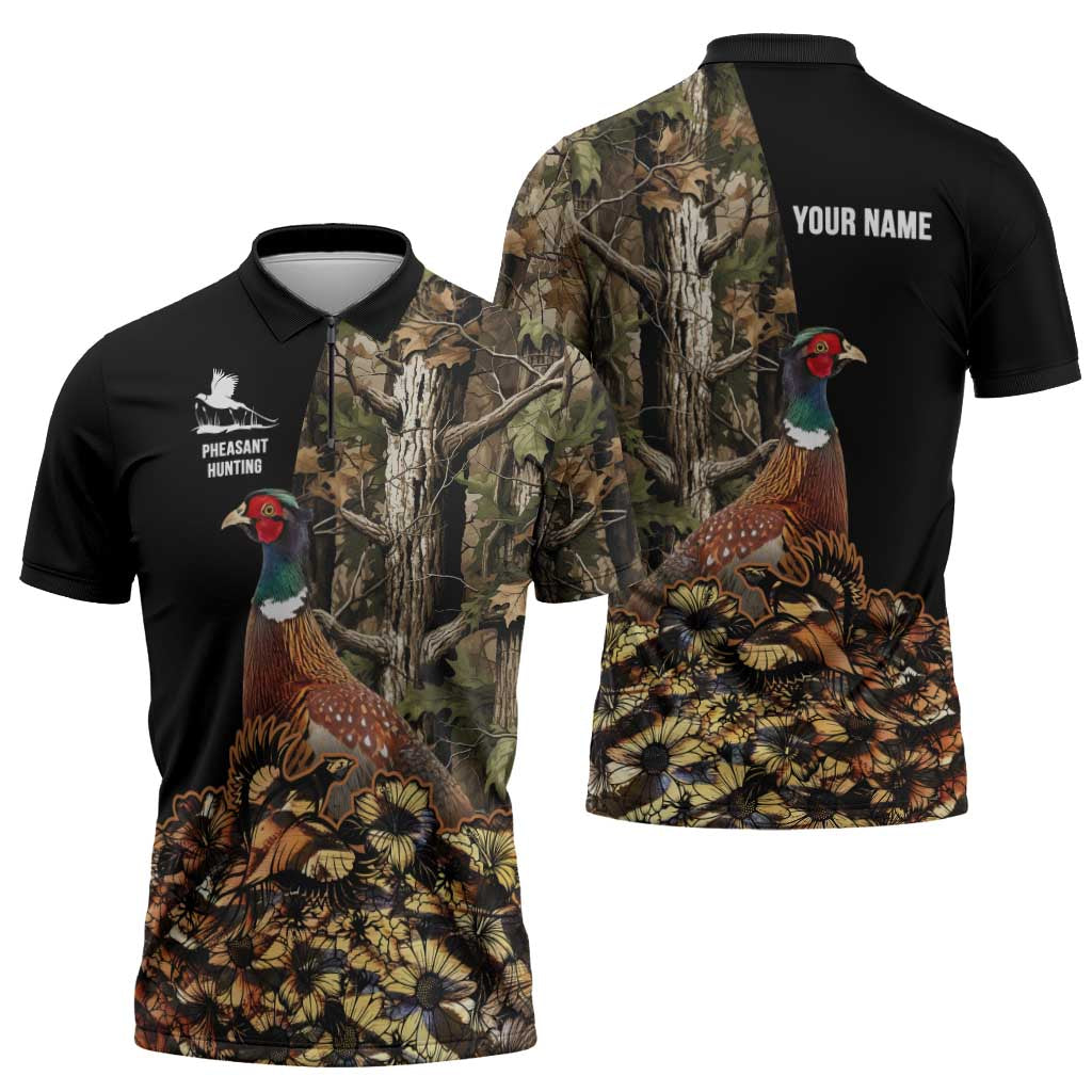 Custom Pheasant Hunting Zipper Polo Shirt with Woodland Forest Scene and Autumn Foliage Pattern - Wonder Print Shop