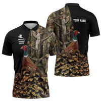 Custom Pheasant Hunting Zipper Polo Shirt with Woodland Forest Scene and Autumn Foliage Pattern - Wonder Print Shop