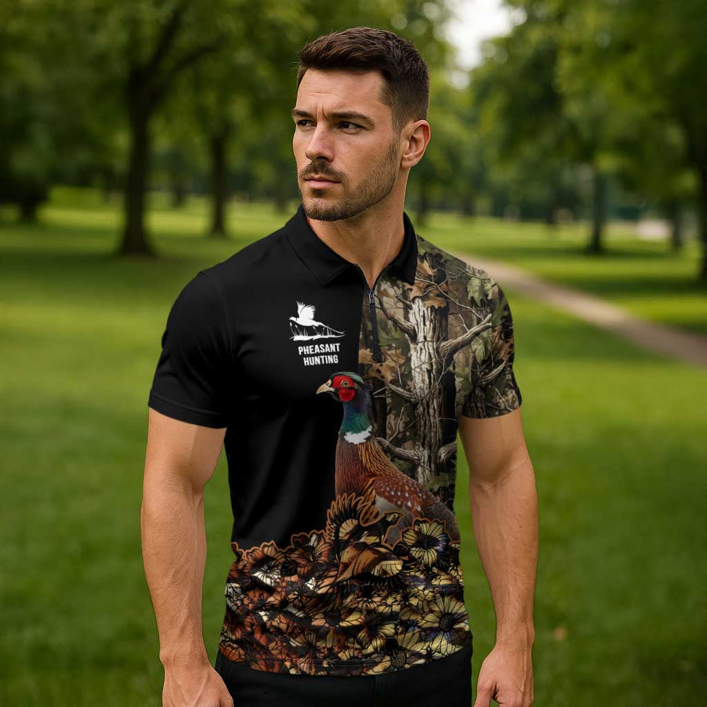 Custom Pheasant Hunting Zipper Polo Shirt with Woodland Forest Scene and Autumn Foliage Pattern - Wonder Print Shop
