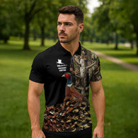 Custom Pheasant Hunting Zipper Polo Shirt with Woodland Forest Scene and Autumn Foliage Pattern - Wonder Print Shop