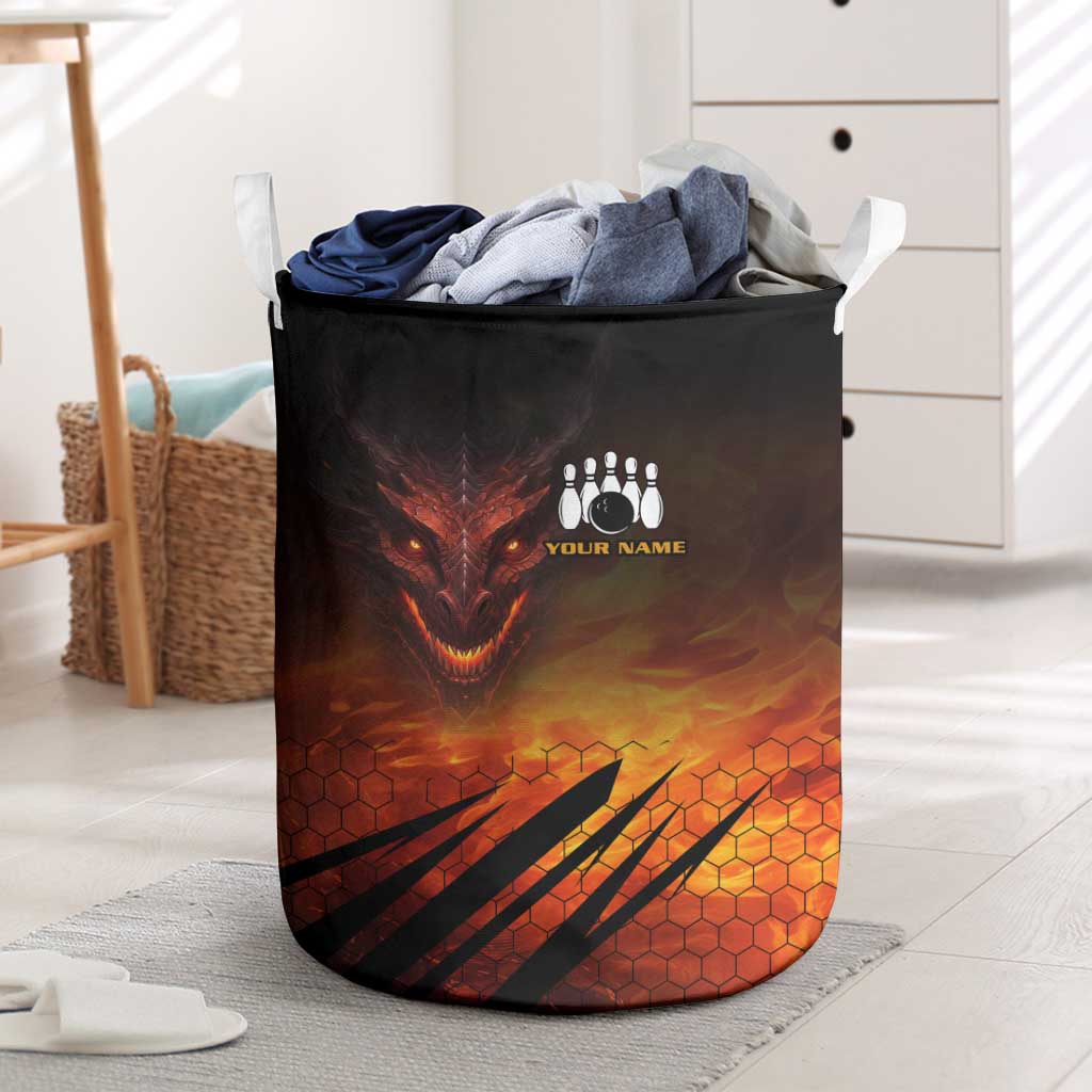 Custom Fiery Dragon Bowling Laundry Basket with Flaming Ball and Hexagon Flame Pattern - Wonder Print Shop
