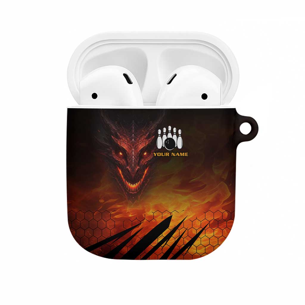 Custom Fiery Dragon Bowling AirPods Case with Flaming Ball and Hexagon Flame Pattern - Wonder Print Shop