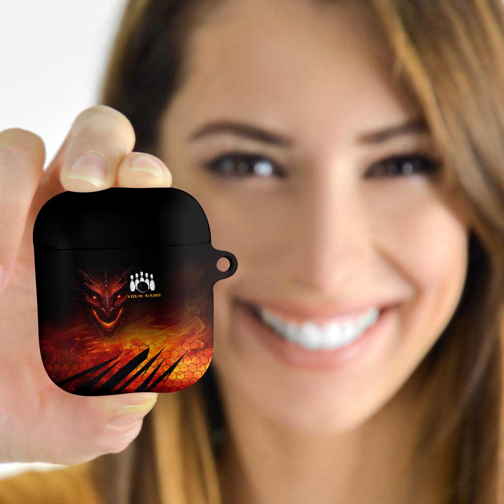 Custom Fiery Dragon Bowling AirPods Case with Flaming Ball and Hexagon Flame Pattern - Wonder Print Shop