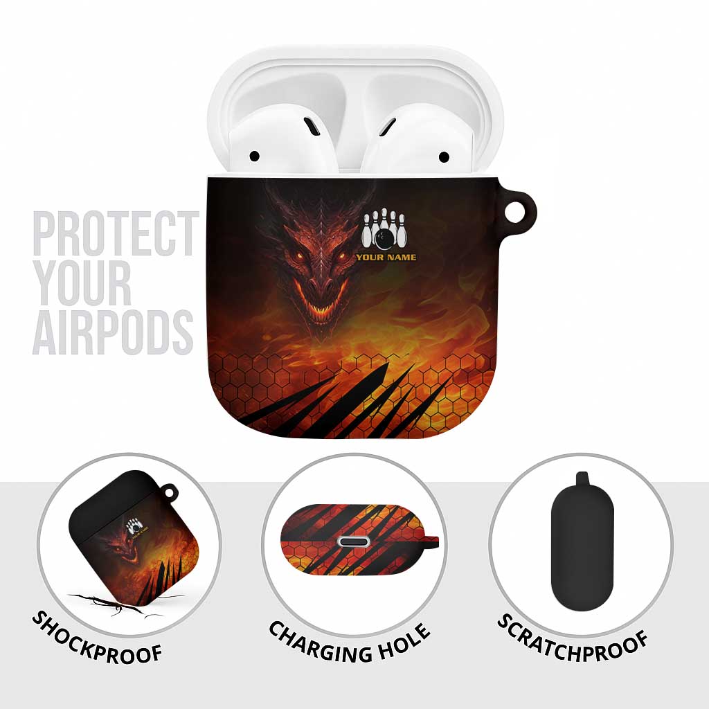Custom Fiery Dragon Bowling AirPods Case with Flaming Ball and Hexagon Flame Pattern - Wonder Print Shop