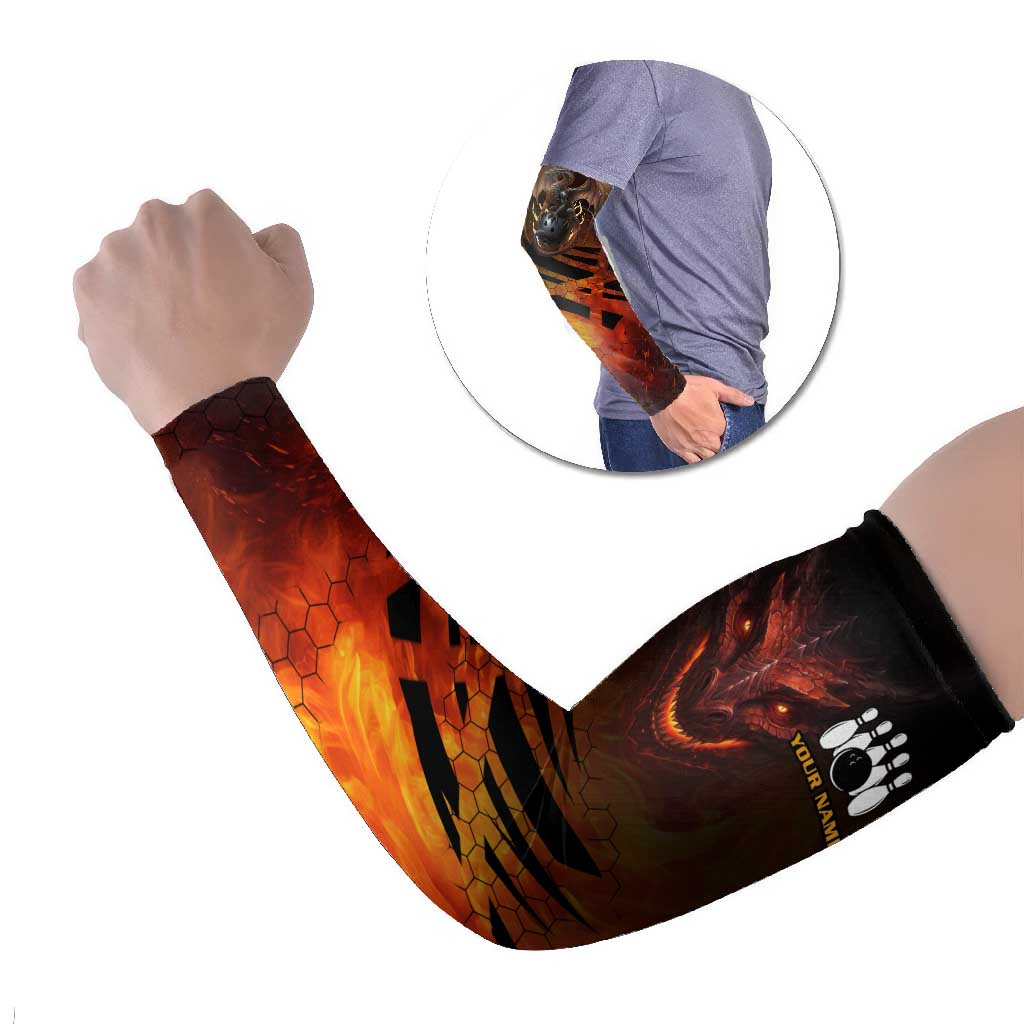 Custom Fiery Dragon Bowling Arm Sleeves with Flaming Ball and Hexagon Flame Pattern - Wonder Print Shop