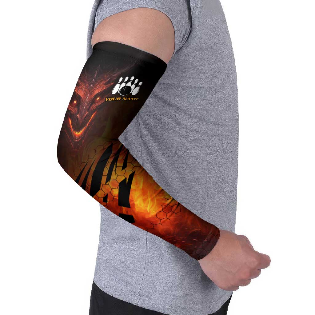 Custom Fiery Dragon Bowling Arm Sleeves with Flaming Ball and Hexagon Flame Pattern - Wonder Print Shop