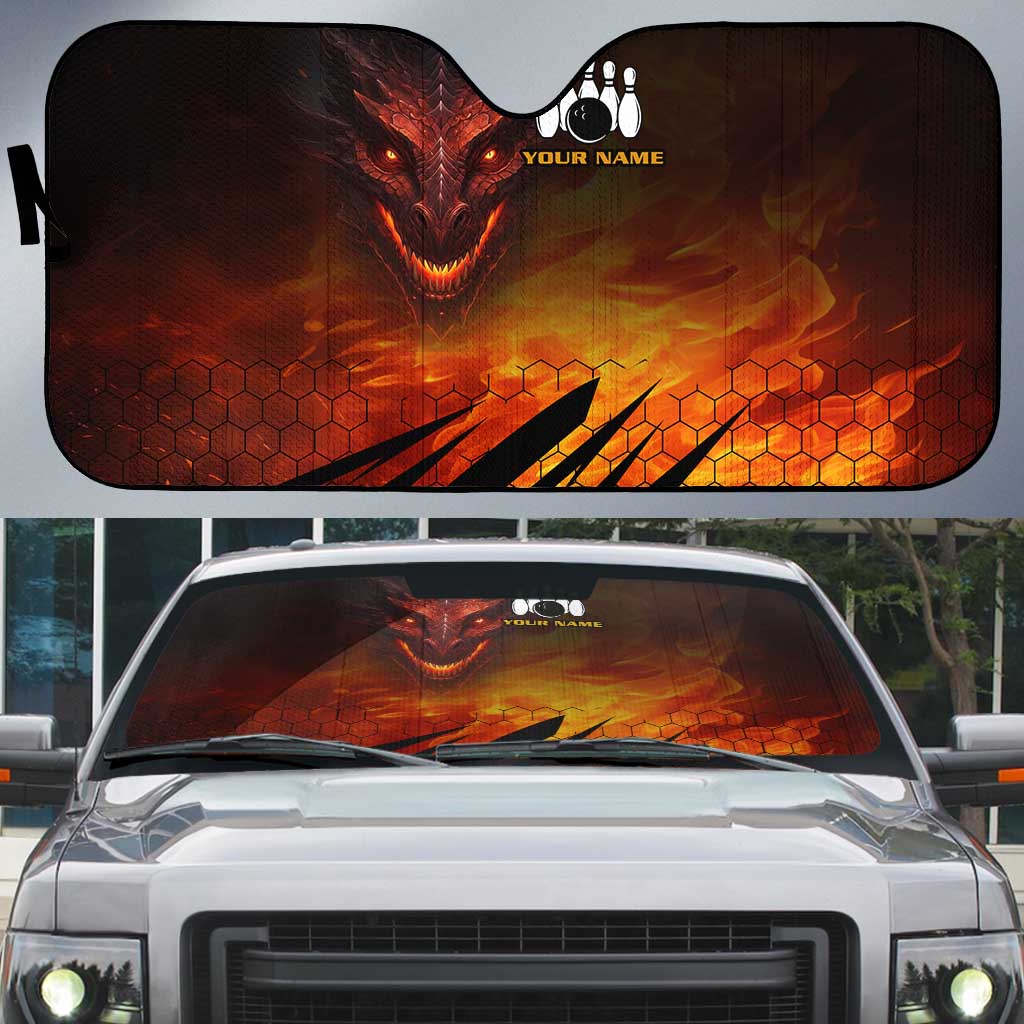 Custom Fiery Dragon Bowling Auto Sun Shade with Flaming Ball and Hexagon Flame Pattern - Wonder Print Shop