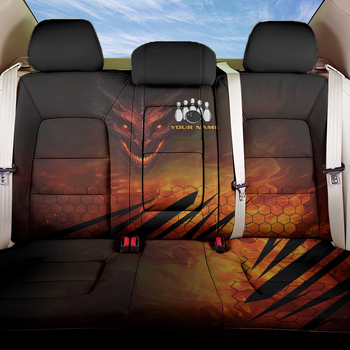 Custom Fiery Dragon Bowling Back Car Seat Cover with Flaming Ball and Hexagon Flame Pattern - Wonder Print Shop