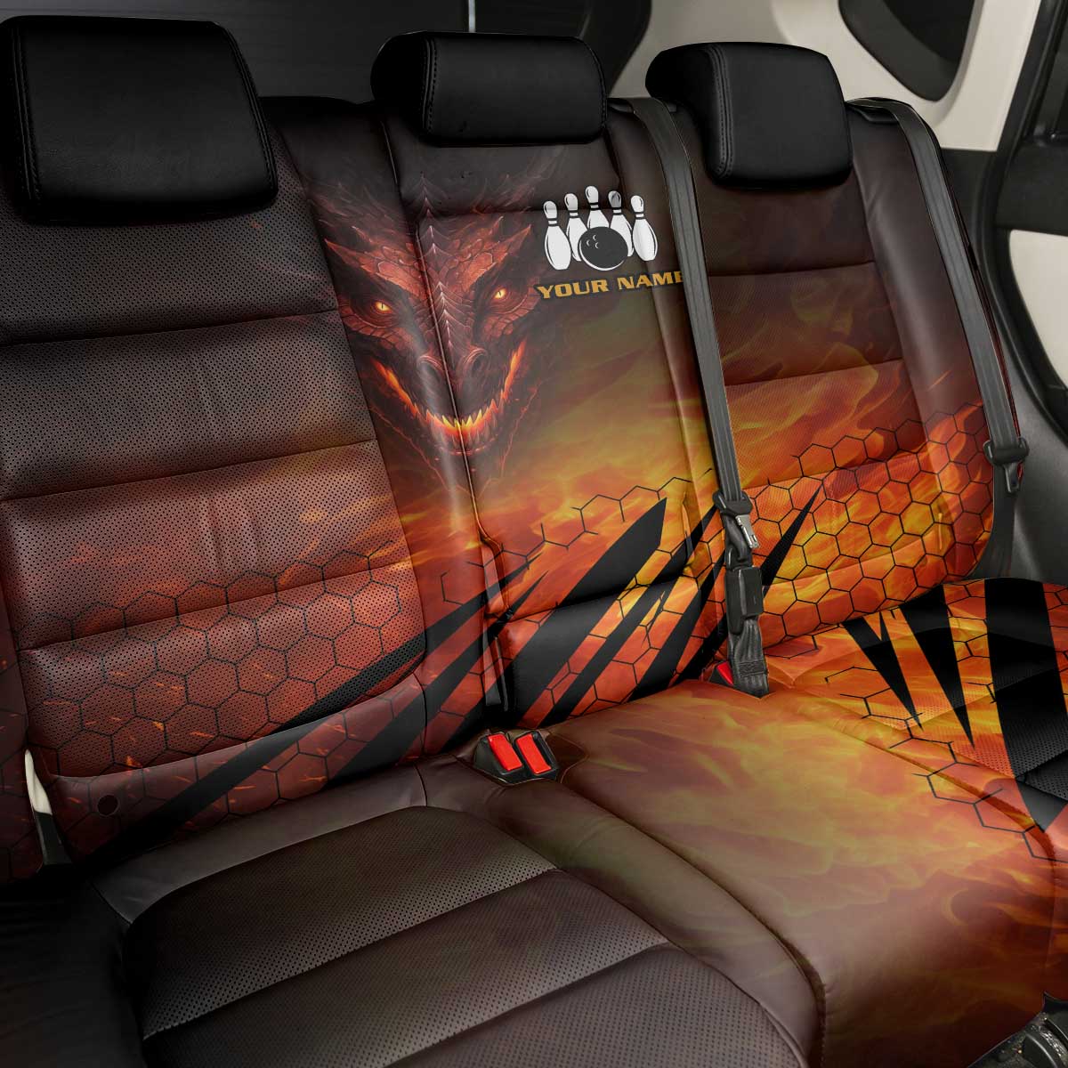 Custom Fiery Dragon Bowling Back Car Seat Cover with Flaming Ball and Hexagon Flame Pattern - Wonder Print Shop