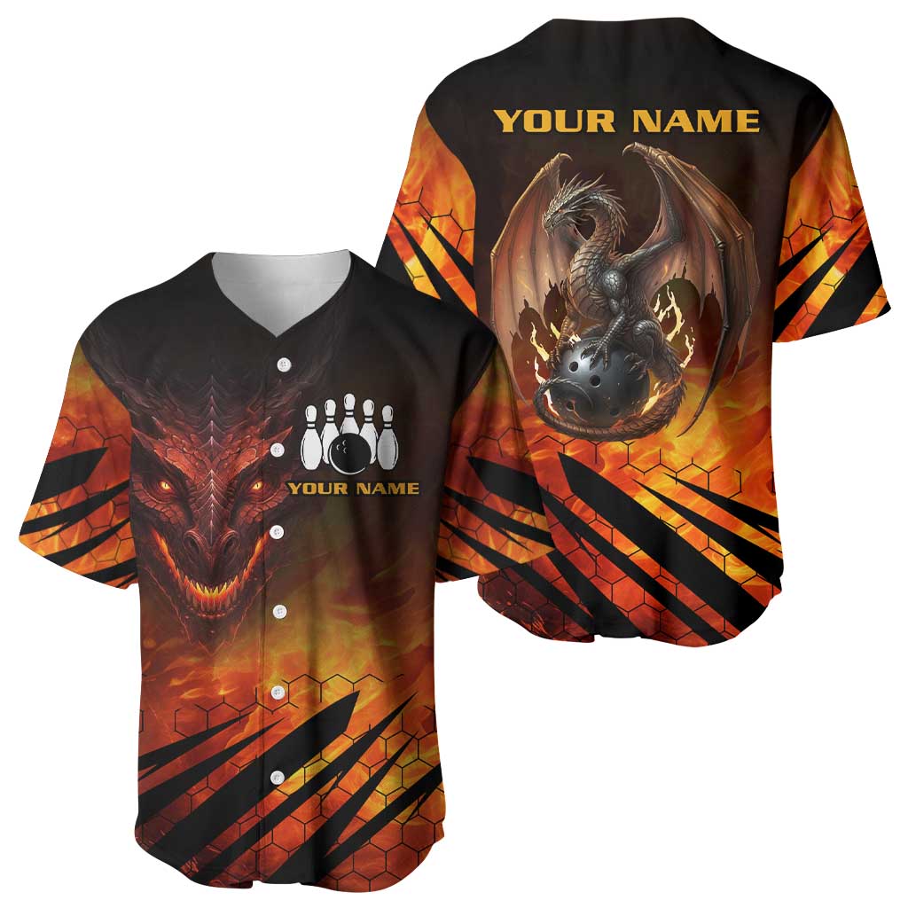 Custom Fiery Dragon Bowling Baseball Jersey with Flaming Ball and Hexagon Flame Pattern - Wonder Print Shop
