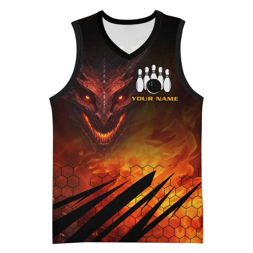 Custom Fiery Dragon Bowling Basketball Jersey with Flaming Ball and Hexagon Flame Pattern - Wonder Print Shop