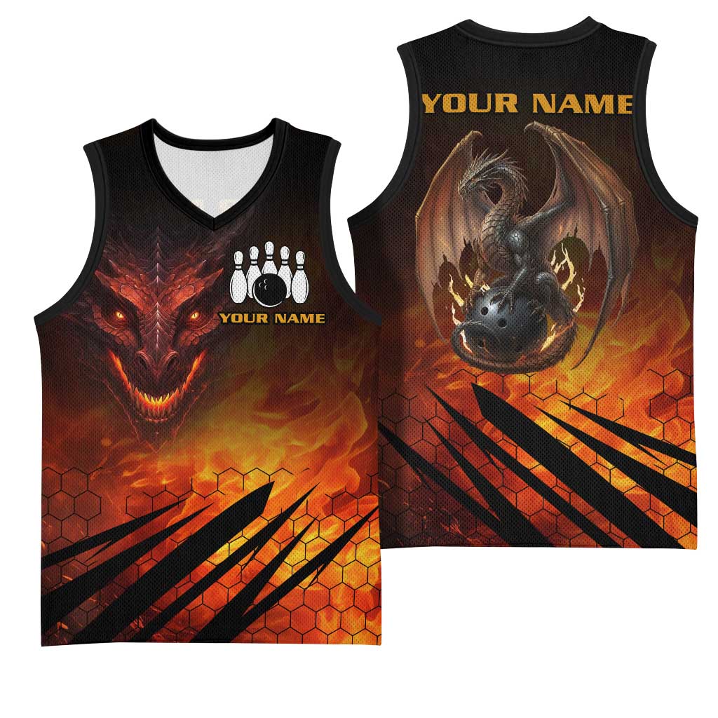 Custom Fiery Dragon Bowling Basketball Jersey with Flaming Ball and Hexagon Flame Pattern - Wonder Print Shop