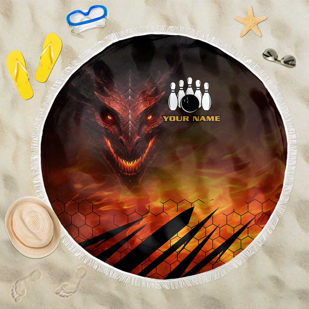 Custom Fiery Dragon Bowling Beach Blanket with Flaming Ball and Hexagon Flame Pattern - Wonder Print Shop