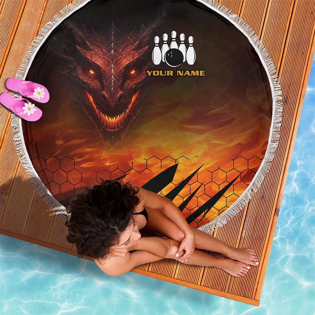 Custom Fiery Dragon Bowling Beach Blanket with Flaming Ball and Hexagon Flame Pattern - Wonder Print Shop