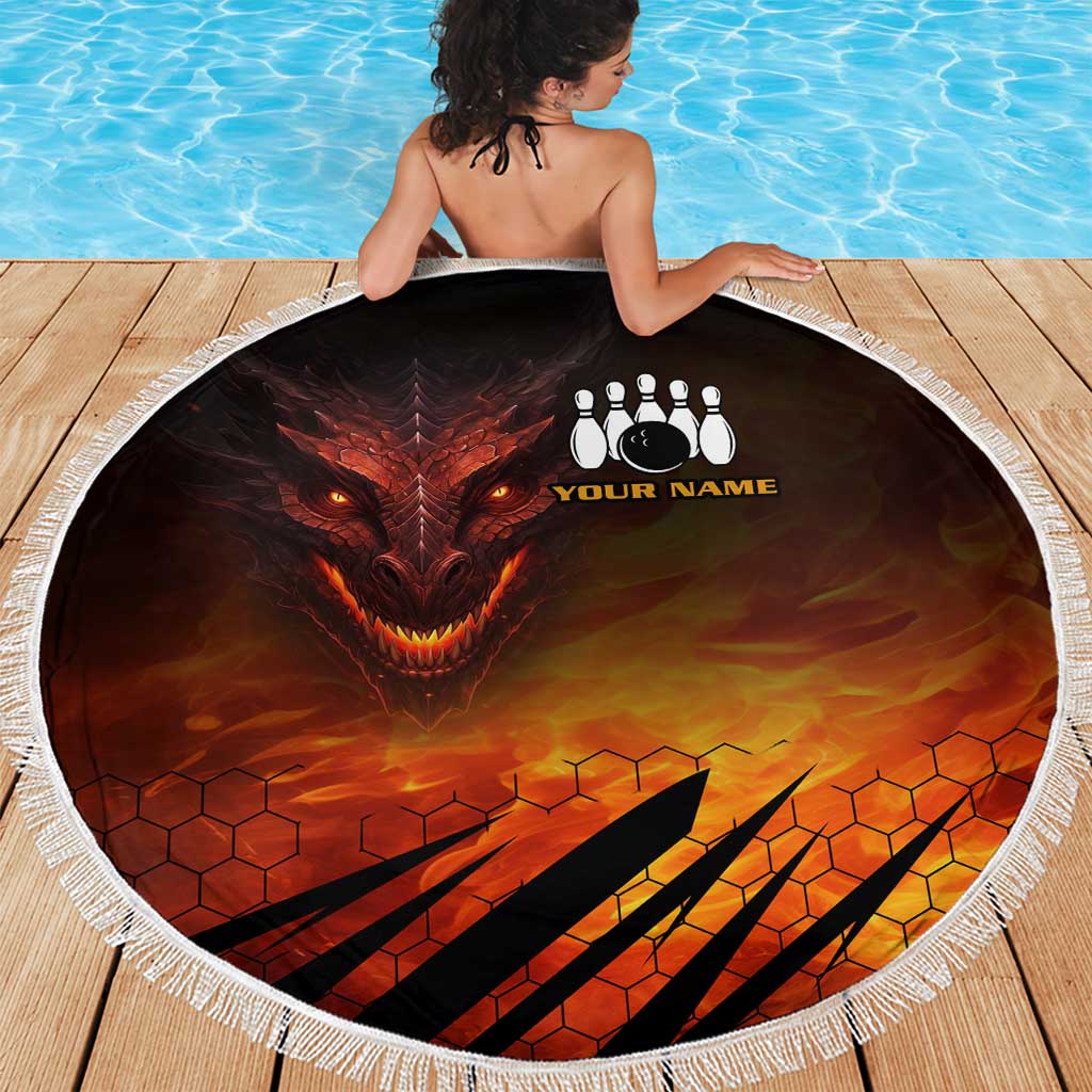 Custom Fiery Dragon Bowling Beach Blanket with Flaming Ball and Hexagon Flame Pattern - Wonder Print Shop