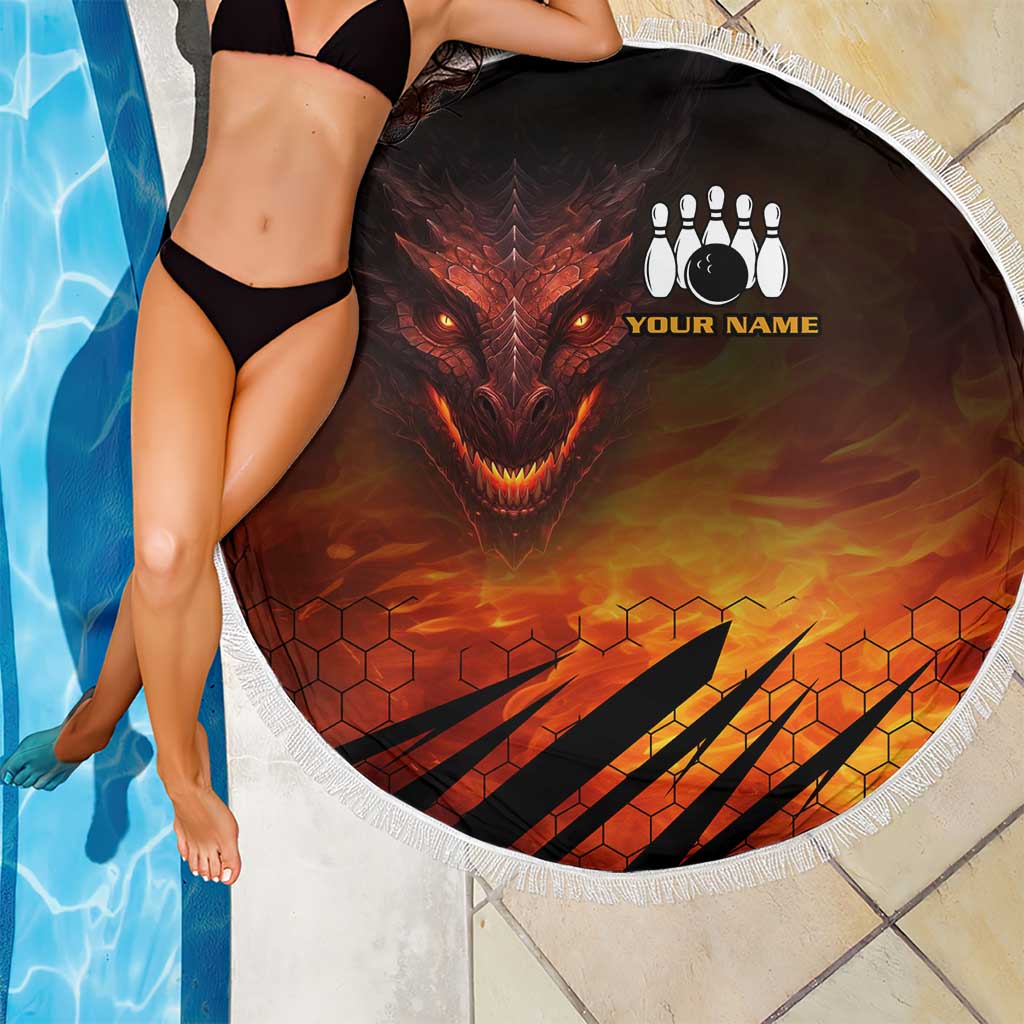 Custom Fiery Dragon Bowling Beach Blanket with Flaming Ball and Hexagon Flame Pattern - Wonder Print Shop