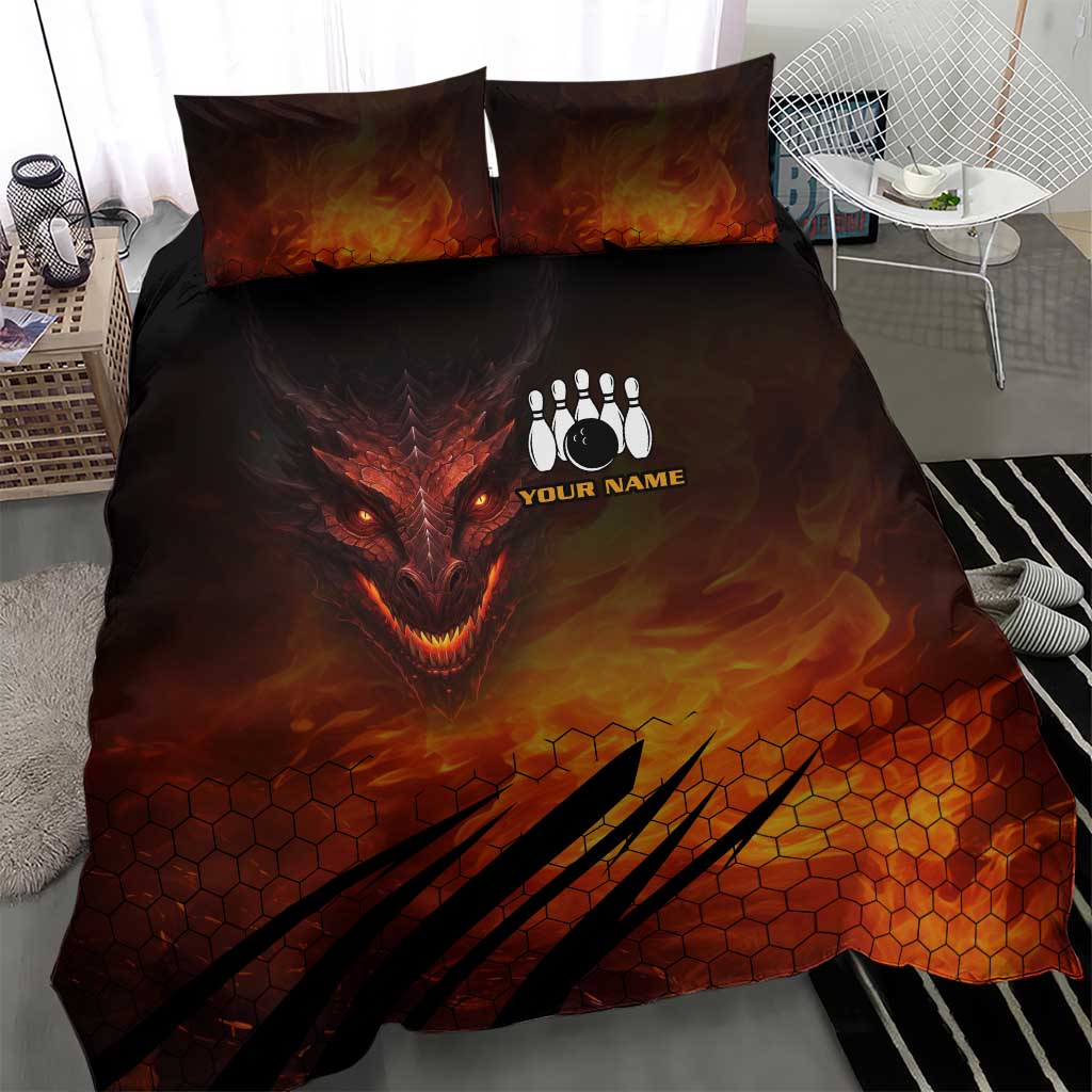Custom Fiery Dragon Bowling Bedding Set with Flaming Ball and Hexagon Flame Pattern - Wonder Print Shop
